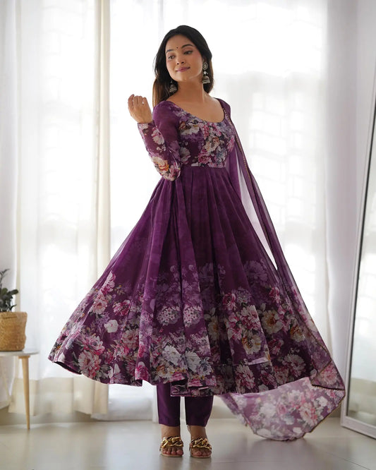 Grape purple floral print organza Anarkali dress with dupatta