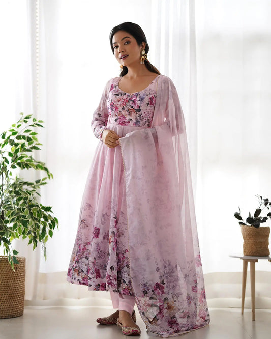 Light peach pink floral print organza dress