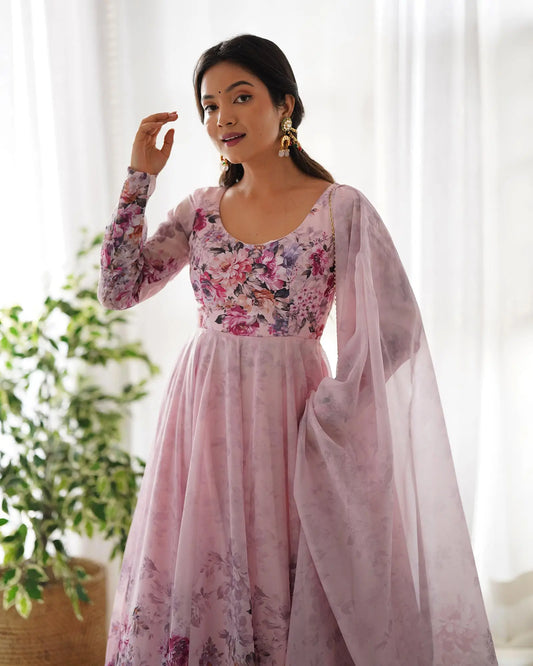 Light peach pink floral print organza dress