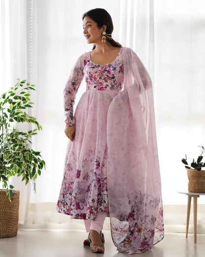 Light peach pink floral print organza dress