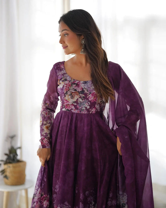 Grape purple floral print organza Anarkali dress with dupatta