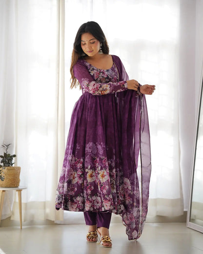 Grape purple floral print organza Anarkali dress with dupatta