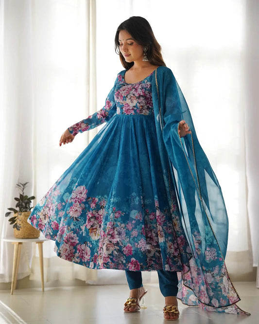 Rama green floral print organza dress with dupatta