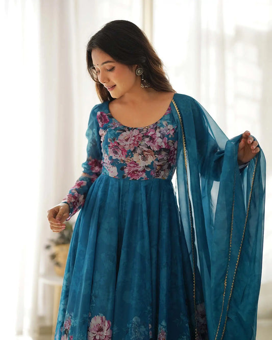 Rama green floral print organza dress with dupatta