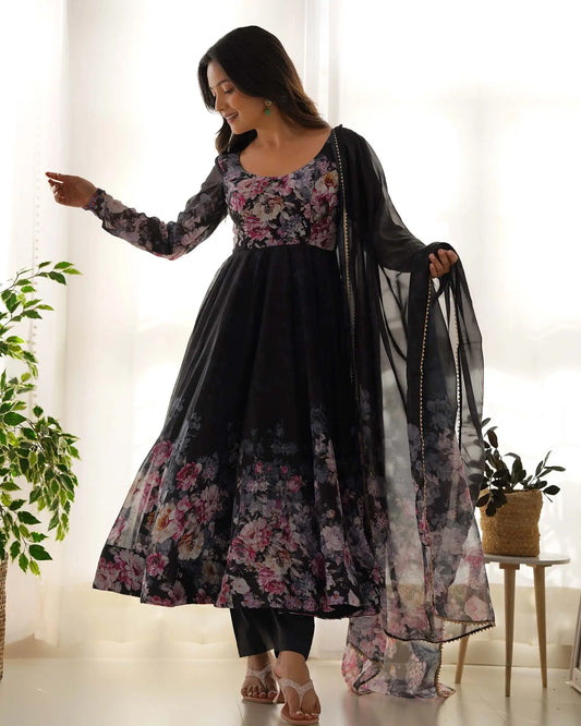 Black organza Anarkali dress with floral print and dupatta
