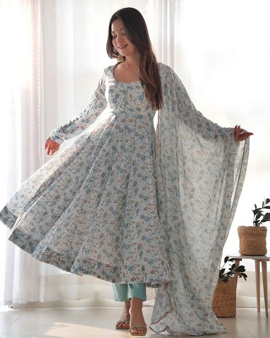 Light Blue Chiffon Anarkali Dress with Colorful Floral Print and Dupatta