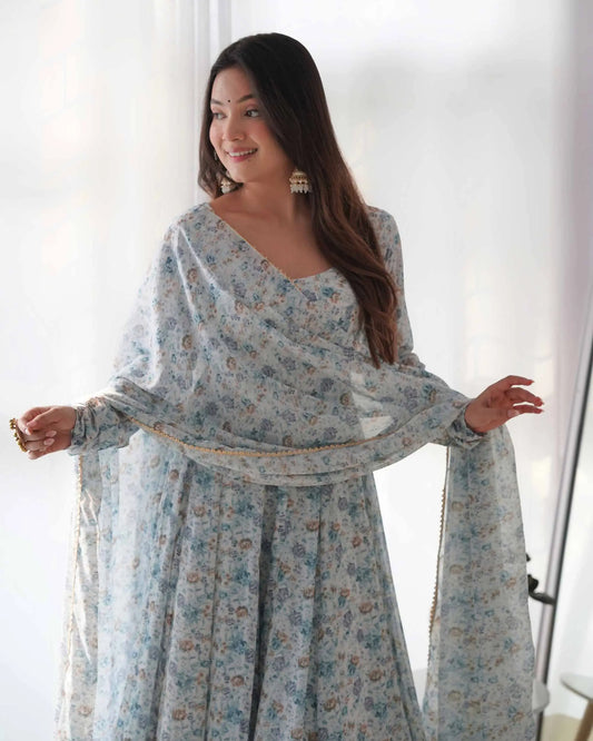 Light Blue Chiffon Anarkali Dress with Colorful Floral Print and Dupatta