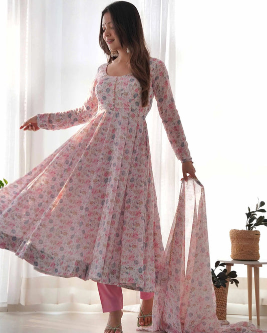 Light Pink Chiffon Anarkali Dress with Colorful Floral Print and Dupatta