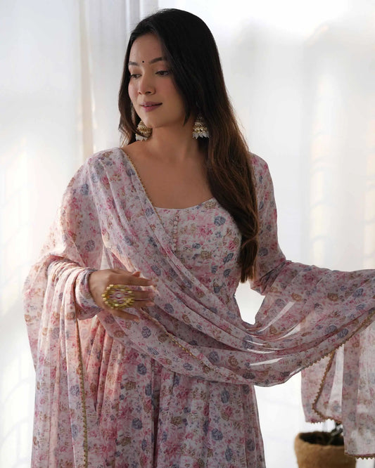 Light Pink Chiffon Anarkali Dress with Colorful Floral Print and Dupatta
