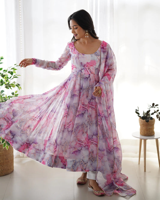 Anarkali dress in multi-colored printed organza on an ecru white background