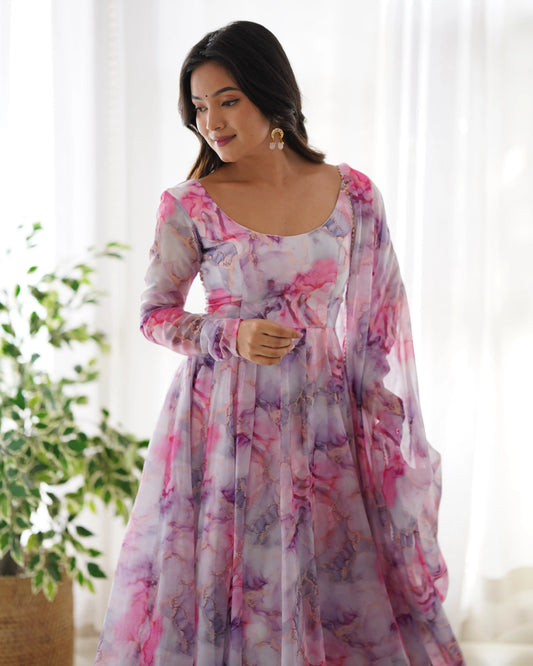 Anarkali dress in multi-colored printed organza on an ecru white background