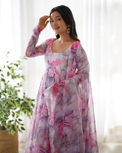 Anarkali dress in multi-colored printed organza on an ecru white background