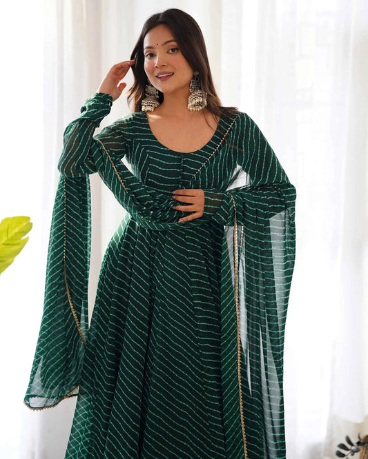 Dark Green Georgette Laheriya Pattern Anarkali Dress with Matching Dupatta – Elegant Indian Wear for Women
