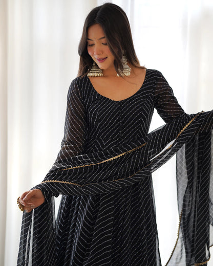 Metallic Black Georgette Laheriya Print Anarkali Dress with Matching Dupatta – Chic and Festive Indian Wear for Women