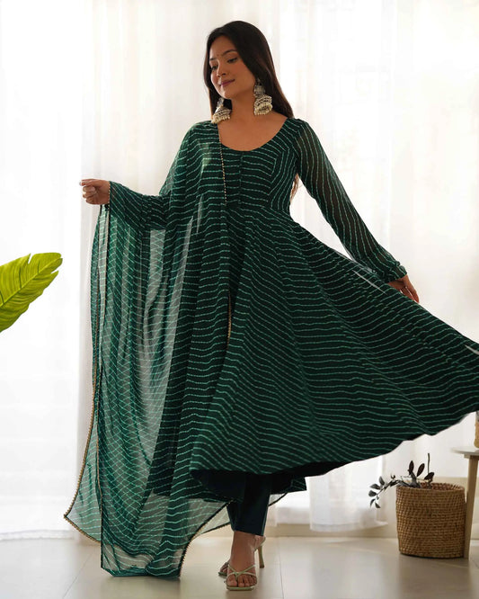 Dark Green Georgette Laheriya Pattern Anarkali Dress with Matching Dupatta – Elegant Indian Wear for Women