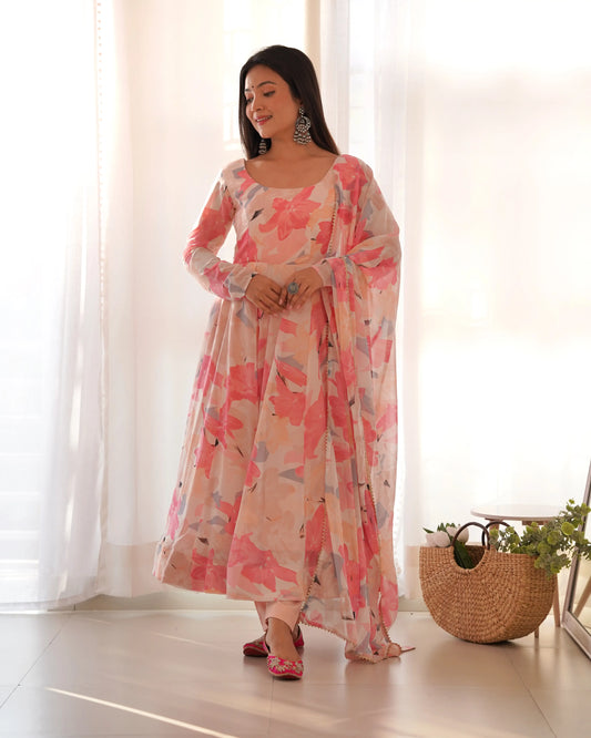 Light pink multi-color floral print georgette Anarkali dress with dupatta