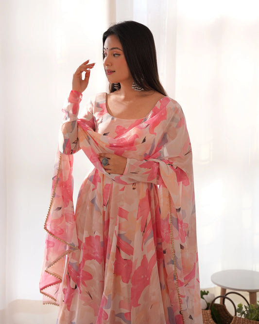 Light pink multi-color floral print georgette Anarkali dress with dupatta