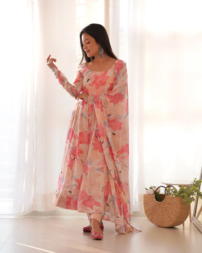Light pink multi-color floral print georgette Anarkali dress with dupatta