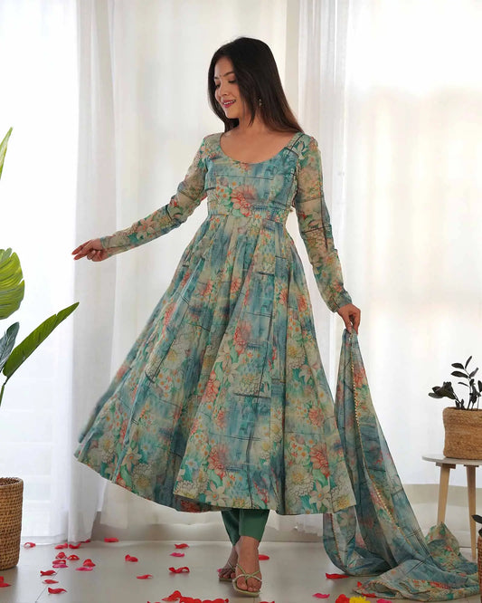 Blue-green organza dress with multi-colored floral print