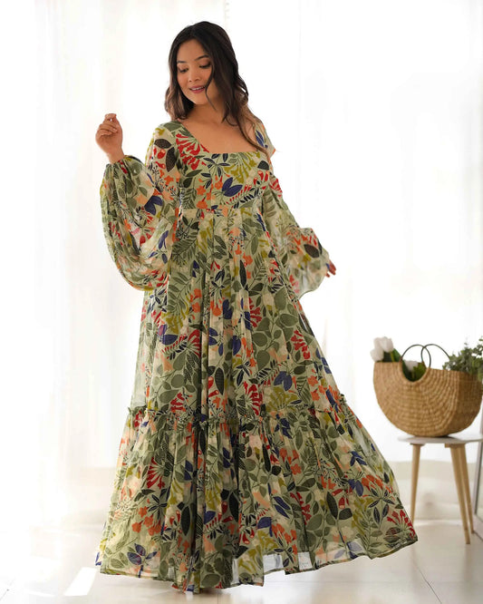 Floral Print Georgette Maxi Dress with Balloon Sleeves in Spanish Green