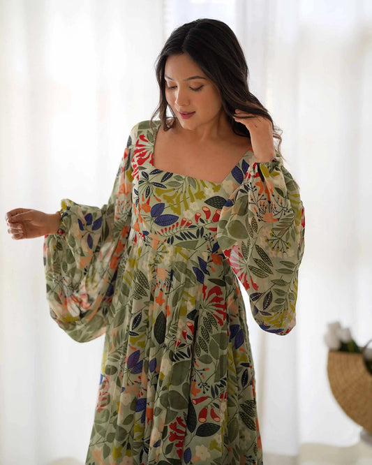 Floral Print Georgette Maxi Dress with Balloon Sleeves in Spanish Green