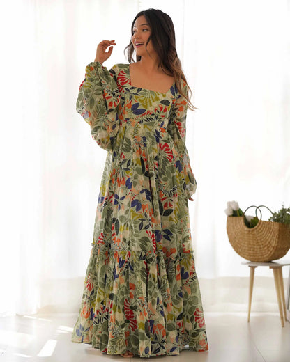 Floral Print Georgette Maxi Dress with Balloon Sleeves in Spanish Green