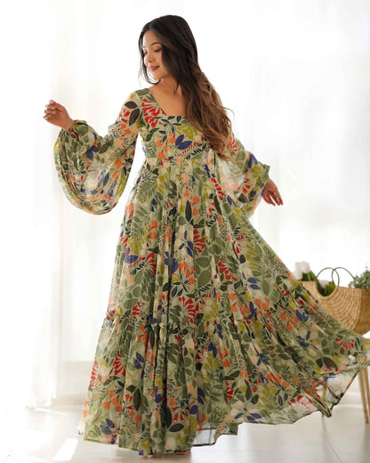 Floral Print Georgette Maxi Dress with Balloon Sleeves in Spanish Green