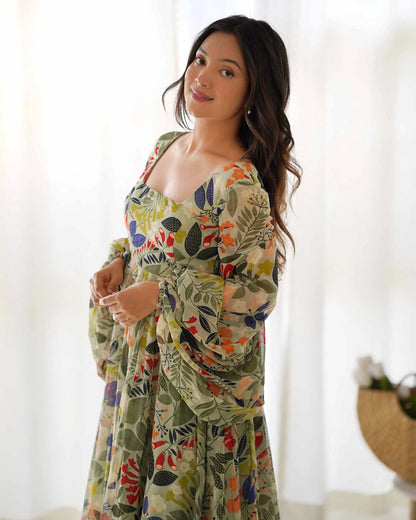 Floral Print Georgette Maxi Dress with Balloon Sleeves in Spanish Green