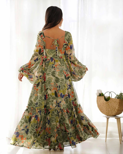 Floral Print Georgette Maxi Dress with Balloon Sleeves in Spanish Green