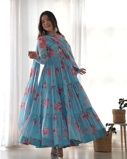 Sky blue floral printed georgette maxi dress with dupatta