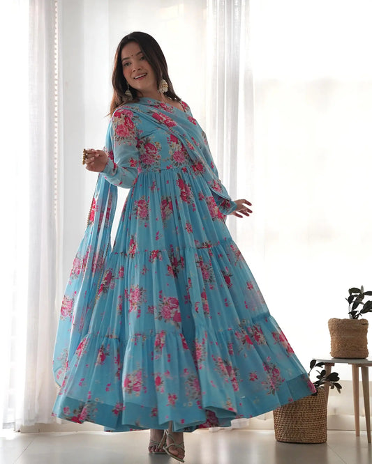 Sky blue floral printed georgette maxi dress with dupatta