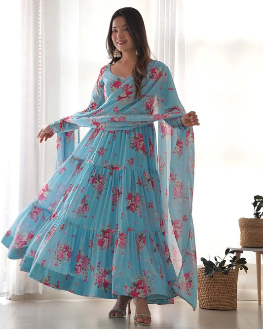 Sky blue floral printed georgette maxi dress with dupatta