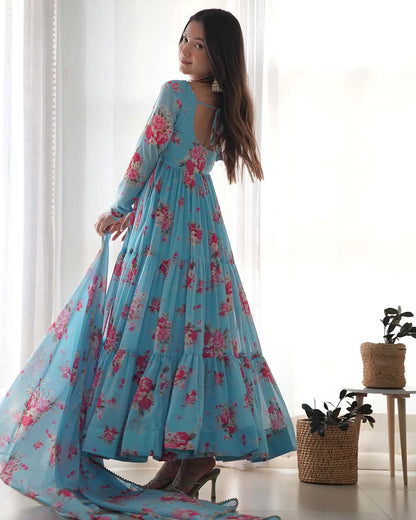 Sky blue floral printed georgette maxi dress with dupatta