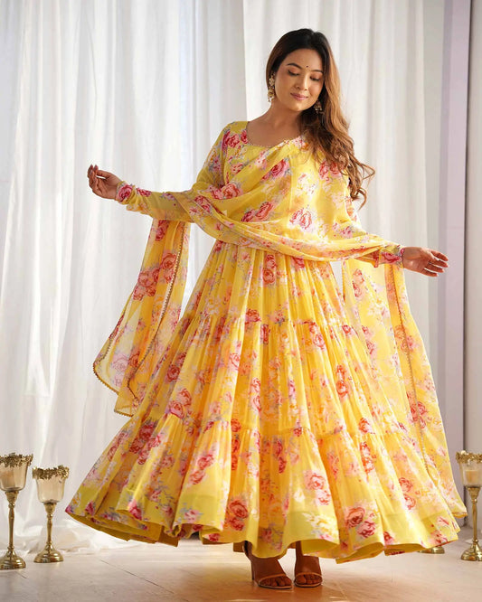 Yellow floral print georgette maxi dress with dupatta