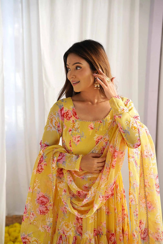 Yellow floral print georgette maxi dress with dupatta