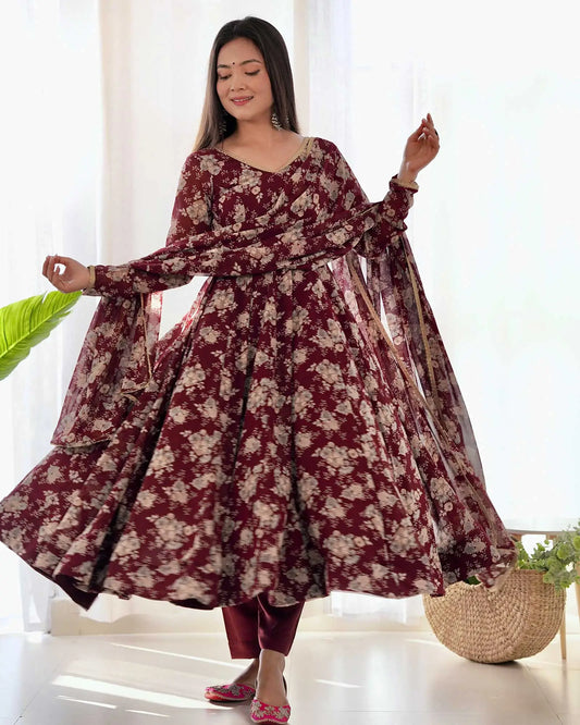 Dark burgundy georgette multi floral print Anarkali dress with dupatta