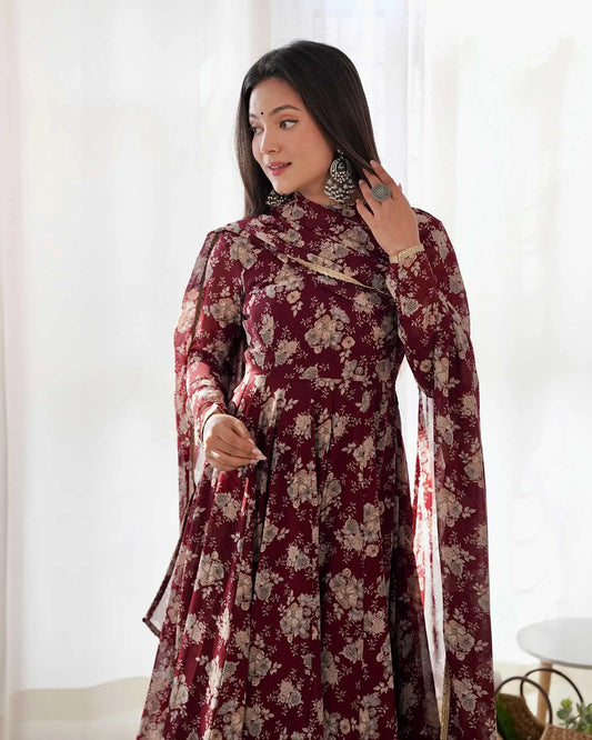 Dark burgundy georgette multi floral print Anarkali dress with dupatta