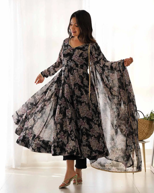 Grey Black Georgette Multi Floral Print Anarkali Dress with Dupatta