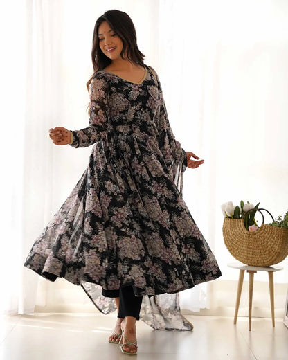Grey Black Georgette Multi Floral Print Anarkali Dress with Dupatta