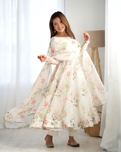 Off-white organza dress with floral print