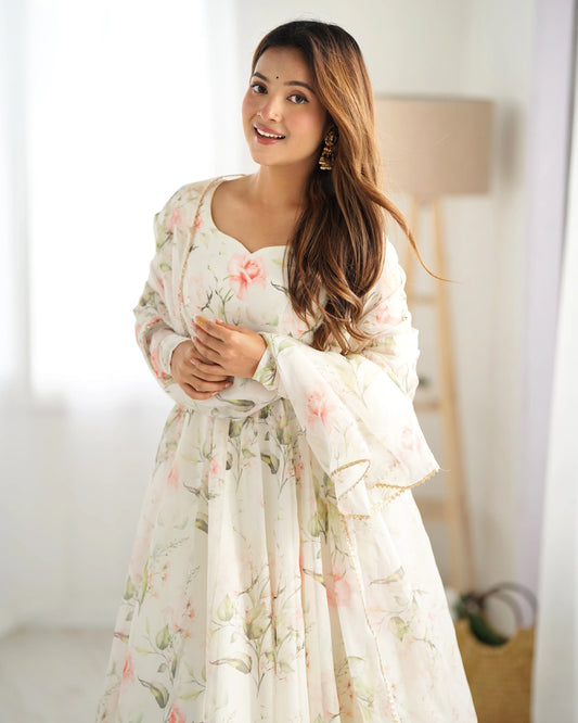 Off-white organza dress with floral print