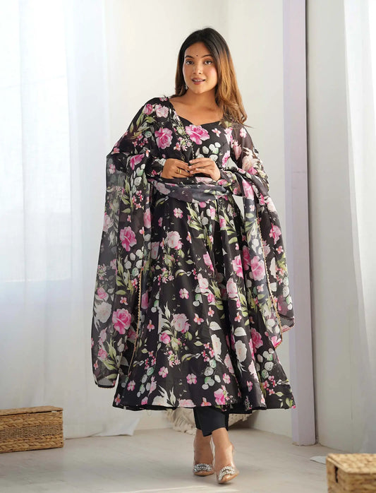 Black organza dress with floral print