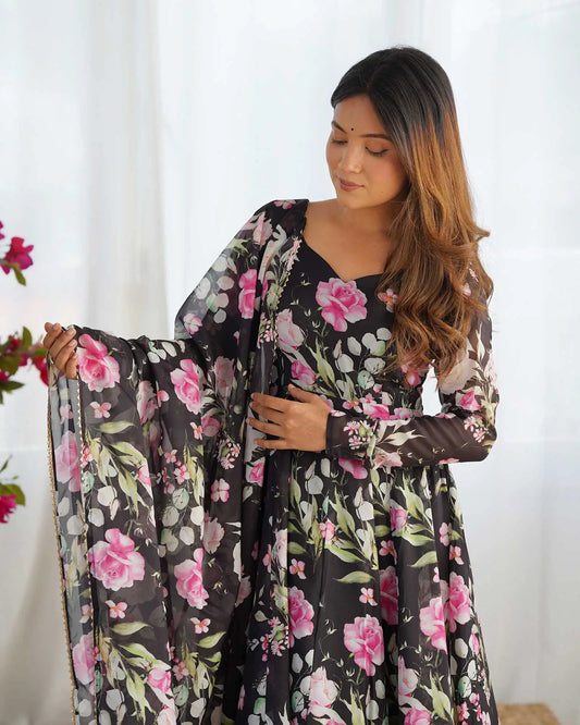 Black organza dress with floral print