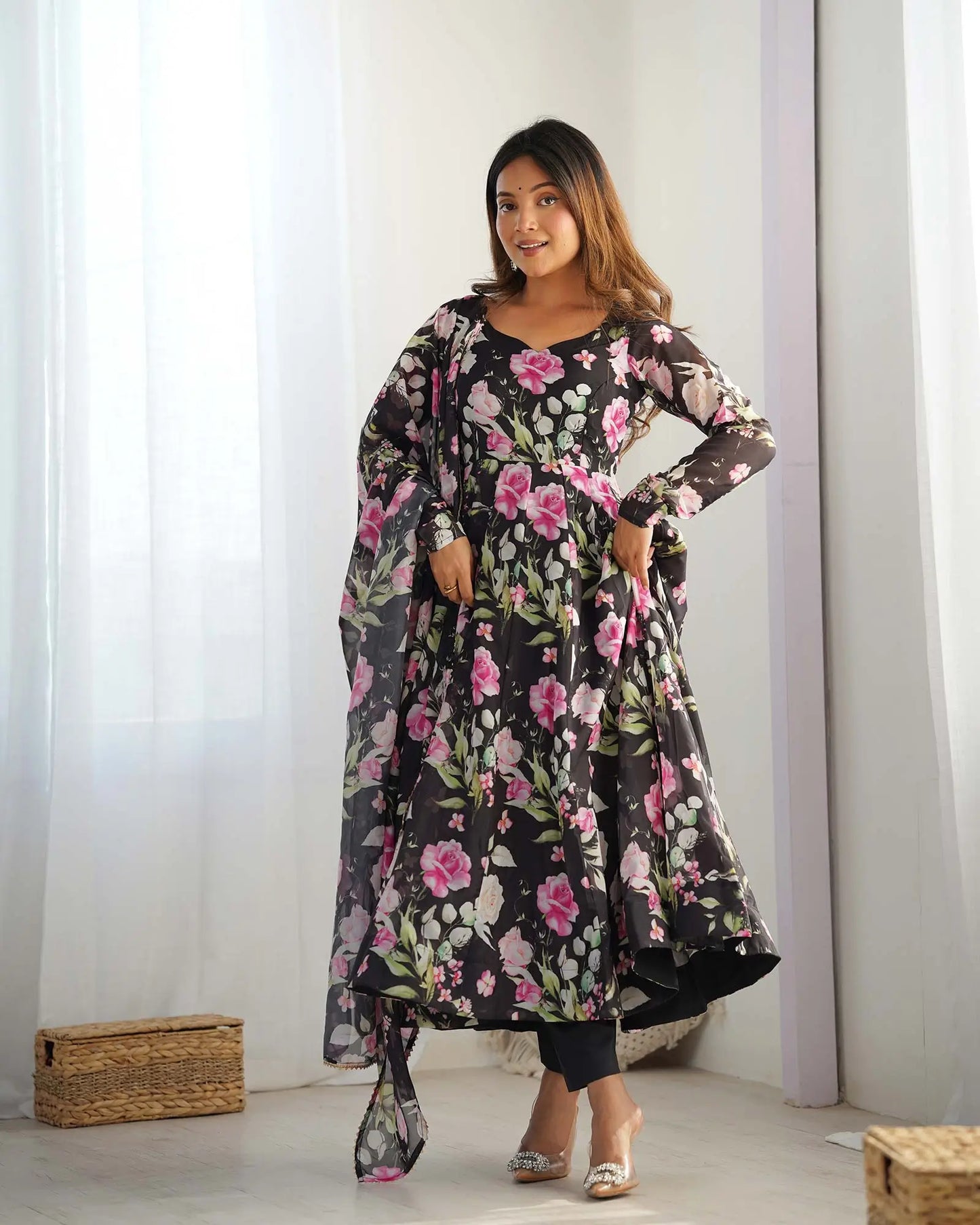 Black organza dress with floral print