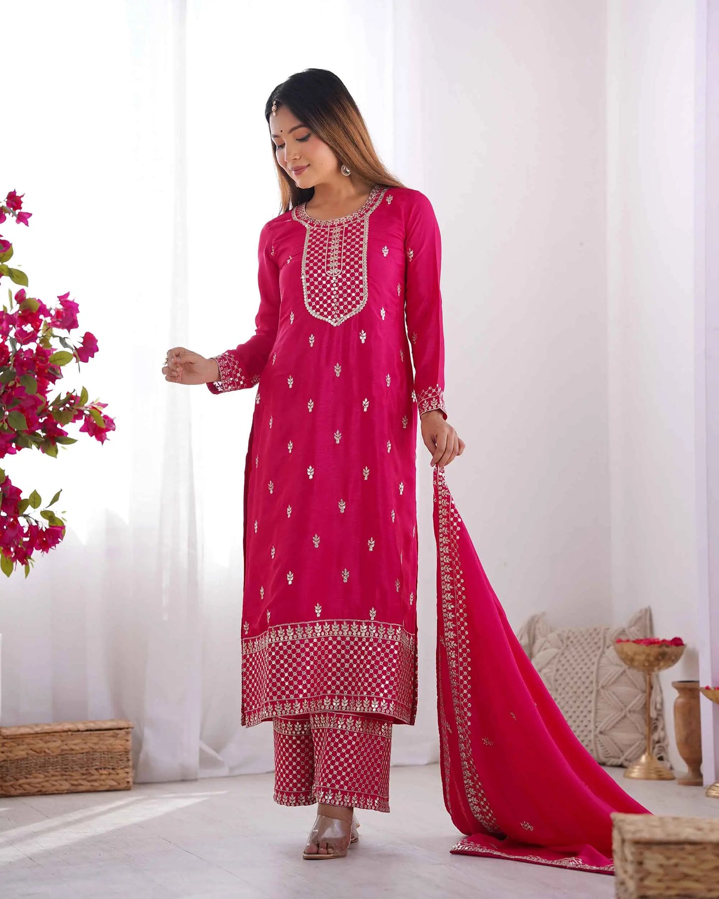Salwar suit en soie chinon rose foncé avec broderie en sequins et zari, accompagné d’un dupatta