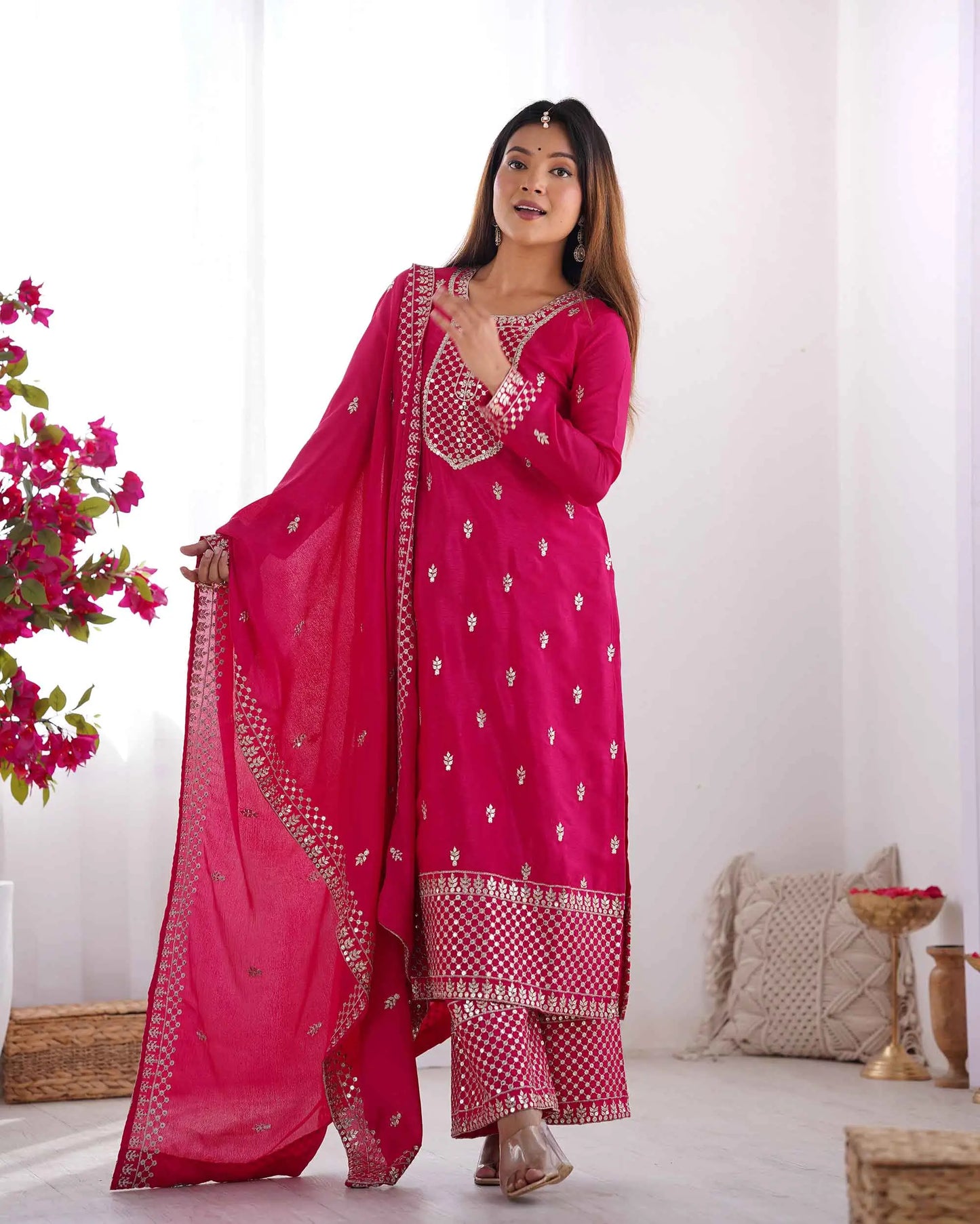 Salwar suit en soie chinon rose foncé avec broderie en sequins et zari, accompagné d’un dupatta