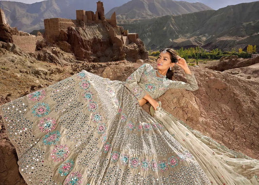 Dunkelbeiger Braut-Lehenga mit rosa und blauen Details, elegant mit Stickereien, Spiegeln und Zarkan-Arbeit