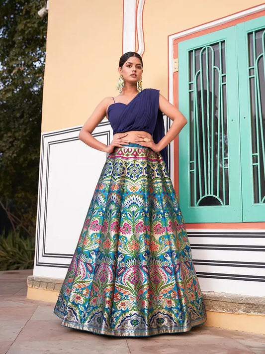 Royal Navy Blue Banarasi Silk Lehenga Choli with Crop Top