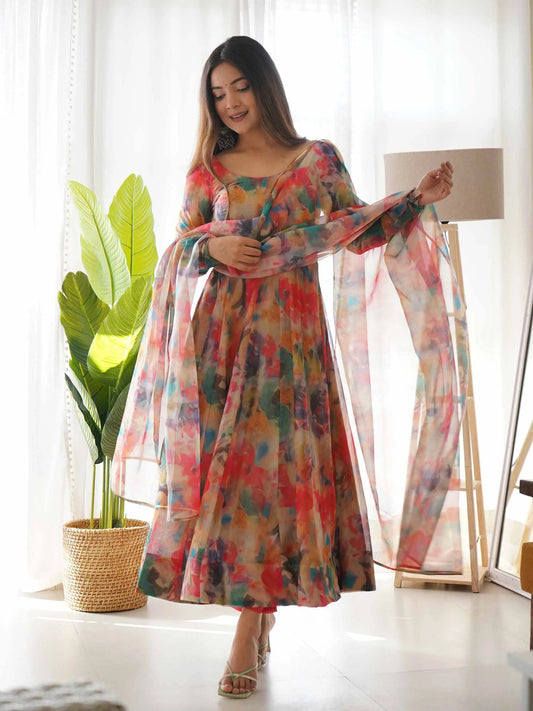 Robe longue en organza rouge à imprimé floral multicolore avec dupatta – Élégance festive et féminine