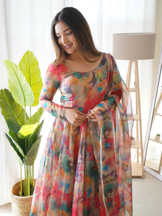 Robe longue en organza rouge à imprimé floral multicolore avec dupatta – Élégance festive et féminine